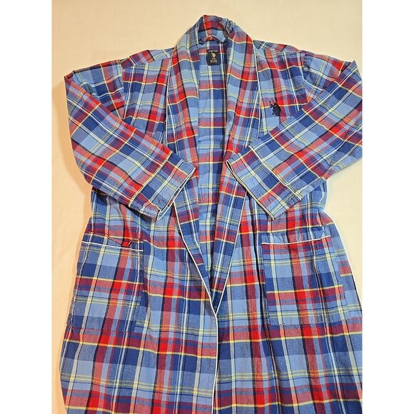 US Polo Assn Logo Robe Men Multicolor Plaid Red Blue 100% Cotton Pocket Size S/M - Picture 6 of 16